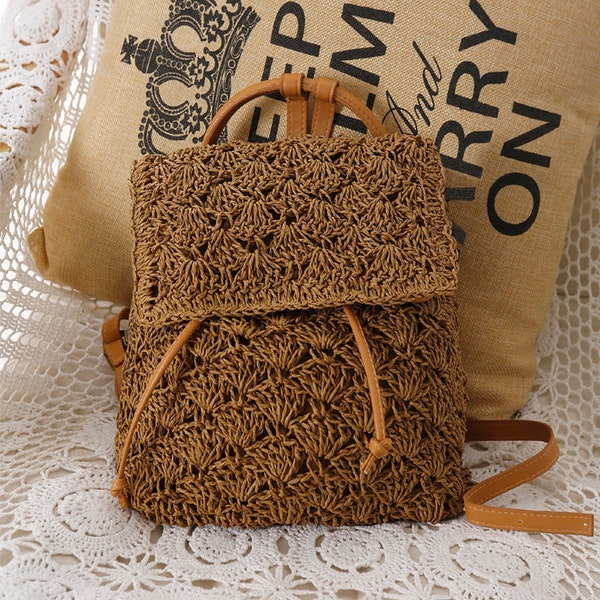 Straw Backpack, Woven Leisure Bag, Paper Rope Braid Bag, Crochet Knitted Beach Bag, Bali Bag, Vacation Bag, Casual Backpack