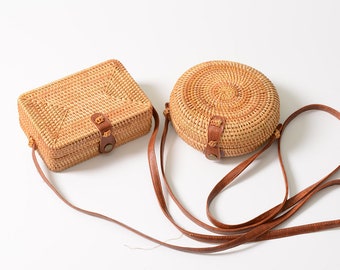 Woven Rattan Bag, Small Messenger Bag, Square Straw Bag, Round Beach Bag, Summer Braid Crossbody Bag, Vacation Bali Bag, Vintage Basket Bag