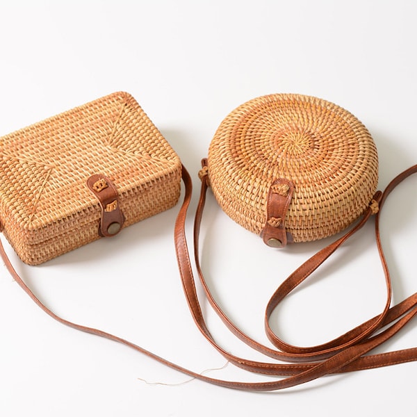 Woven Rattan Bag, Small Messenger Bag, Square Straw Bag, Round Beach Bag, Summer Braid Crossbody Bag, Vacation Bali Bag, Vintage Basket Bag