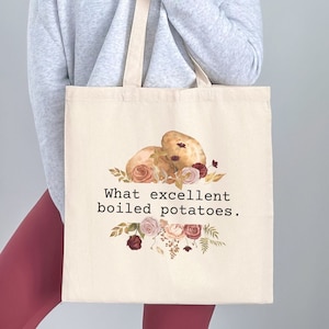Bolsa de tela "Orgullo y prejuicio", ¡Qué patatas hervidas tan deliciosas!, Regalo para bibliotecarios, Amante de los libros, Ratón de biblioteca de Austen, Compras reutilizables.