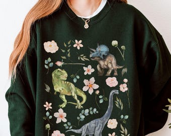 Dinosaur Sweatshirt, Cottagecore Spring Crewneck, Funny Cute Animal Lover Gift, Goblincore Aesthetic, Botanical Floral Nature Indie Clothing