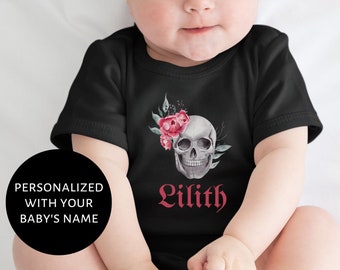 Custom Name Goth Baby Clothes, Personalized Skull Bodysuit, Gothic Spooky Witchy Pagan Emo Alternative Edgy Little Punk Rock Goth Mom Gift