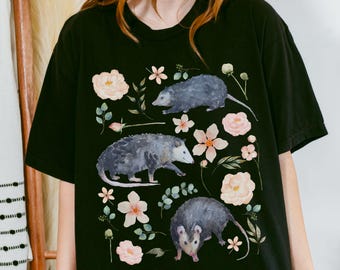 Comfort Colors Cottagecore Possum Shirt, Opossum Animal Lover Gift, Goblincore Aesthetic, Botanical Floral Wildlife Nature Tee, Alt Clothes