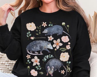 Cottagecore Possum Sweatshirt, Opossum Animal Lover Gift, Goblincore Aesthetic, Botanical Floral Wildlife Nature Crewneck, Indie Clothing