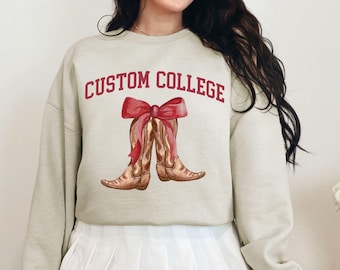 Custom College Crewneck Sweatshirt, Personalized Coquette Cowgirl University Shirt, Game Day Apparel, Preppy School Football Tailgate Fan