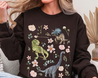 Dinosaur Sweatshirt, Cottagecore Spring Crewneck, Funny Cute Animal Lover Gift, Goblincore Aesthetic, Botanical Floral Nature Indie Clothing