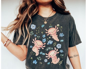 Axolotl Cottagecore Comfort Colors T-Shirt, Tierliebhaber Geschenk, Goblincore Ästhetisches Shirt, Botanische Florale Zoo Wildlife Natur Alt Kleidung