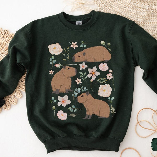 Capybara Cottagecore Sweatshirt, Animal Lover Gift, Goblincore Aesthetic Crewneck, Botanical Floral Zoo Wildlife Nature Sweater, Alt Clothes