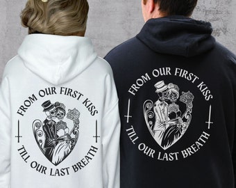 Matching Skeleton Couple Hoodies, Fiance Bride Sweatshirt, Romantic Goth Wedding Gift, His and Hers Engagement Shirts, Lovers Anniversary