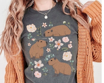 Capybara Comfort Colors Cottagecore Shirt, Animal Lover Gift, Goblincore Aesthetic, Botanical Floral Zoo Wildlife Nature Tee, Alt Clothes