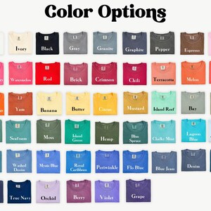 May include: A selection of t-shirts in a variety of colours, such as white, black, and grey, with names like "Blossom," "Mustard," and "Denim." The image presents a wide range of shades, from light pastels to deep, saturated tones, ideal for apparel choices.