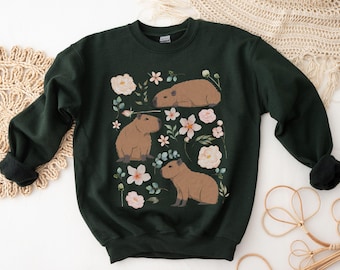 Felpa Capybara Cottagecore, regalo per gli amanti degli animali, girocollo estetico Goblincore, maglione con stampa botanica floreale e fauna selvatica, abbigliamento alternativo