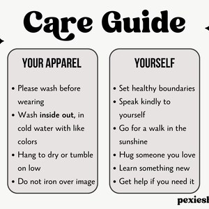 Op de afbeelding: Een cr&egrave;mekleurige afbeelding met de woorden "Care Guide" in een grillig lettertype. De gids is verdeeld in twee secties: "Your Apparel" en "Yourself", elk met opsommingstekens voor verzorging en zelfzorg. Zwarte sterren stralen de tekst in.