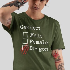 May include: A green t-shirt with the text "Gender:" and a checklist with the options "Male", "Female", and "Dragon". The "Dragon" option is checked off with red claw marks.