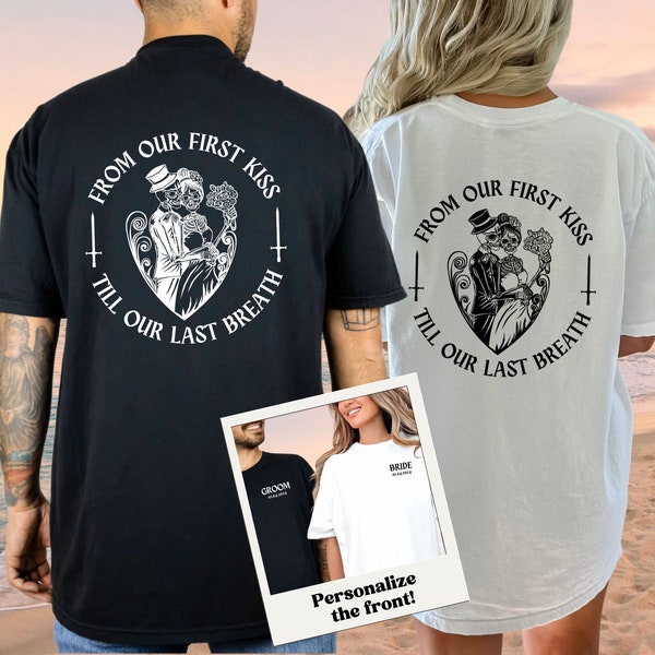 Personalized Matching Skeleton Couple Shirts, Romantic Goth Wedding Gift, His and Hers Engagement, Spooky Bride and Groom Lovers Anniversary