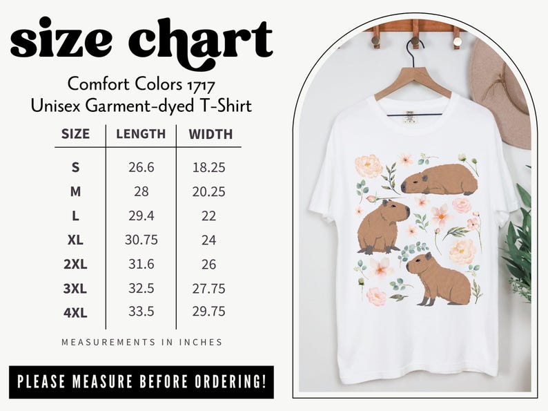 Maglietta Capybara Comfort Colors Cottagecore, regalo per gli amanti degli animali, estetica Goblincore, maglietta botanica floreale con tema zoologico e fauna selvatica, vestiti alternativi White