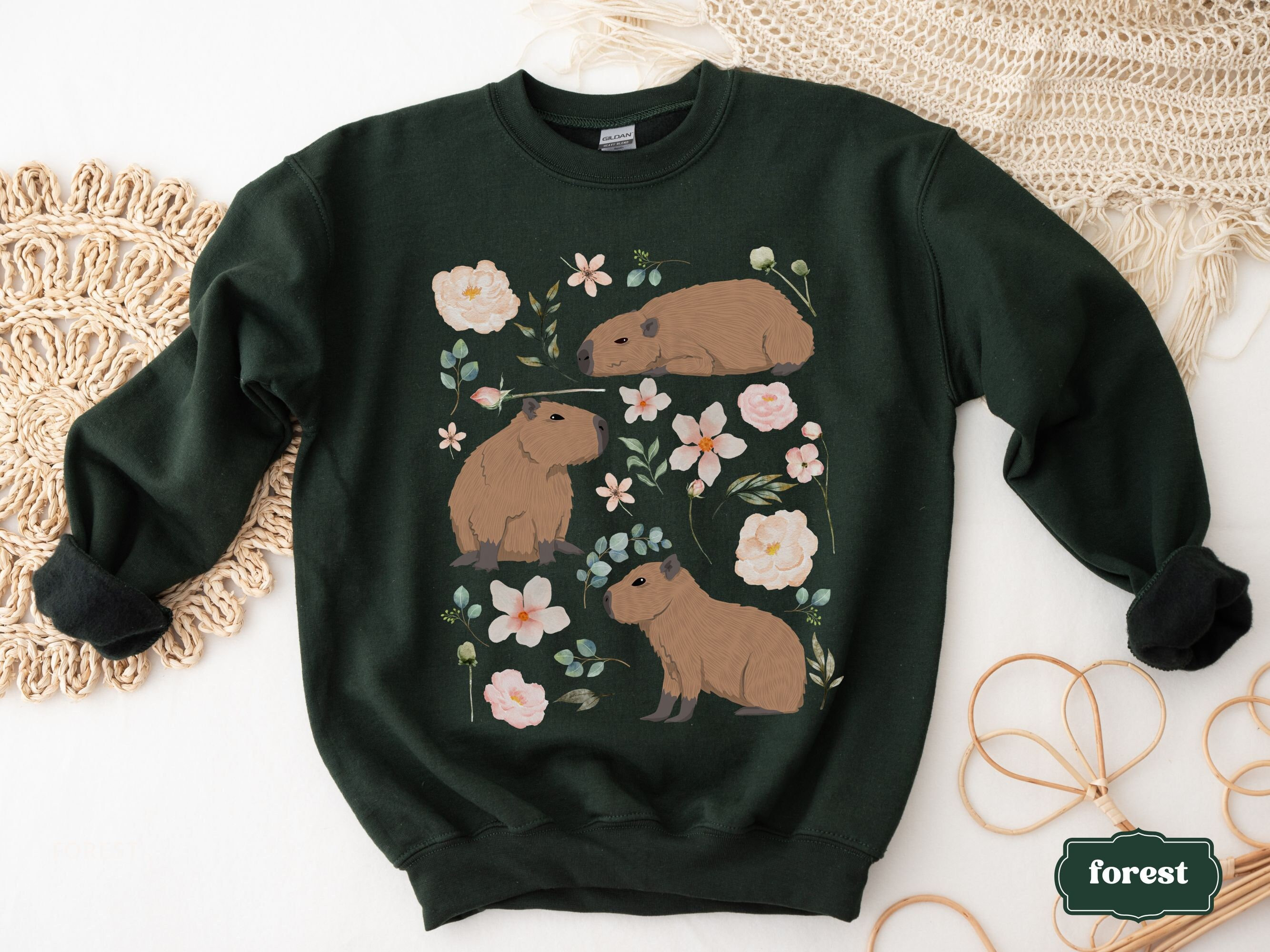 Capybara Cottagecore Sweatshirt, Animal Lover Gift, Goblincore Aesthetic Crewneck, Botanical Floral Zoo Wildlife Nature Sweater, Alt Clothes
