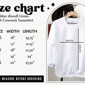 May include: Size chart for a Gildan 18000B Unisex Youth Crewneck Sweatshirt. The chart shows sizes XS through XL with corresponding width and length measurements in inches.