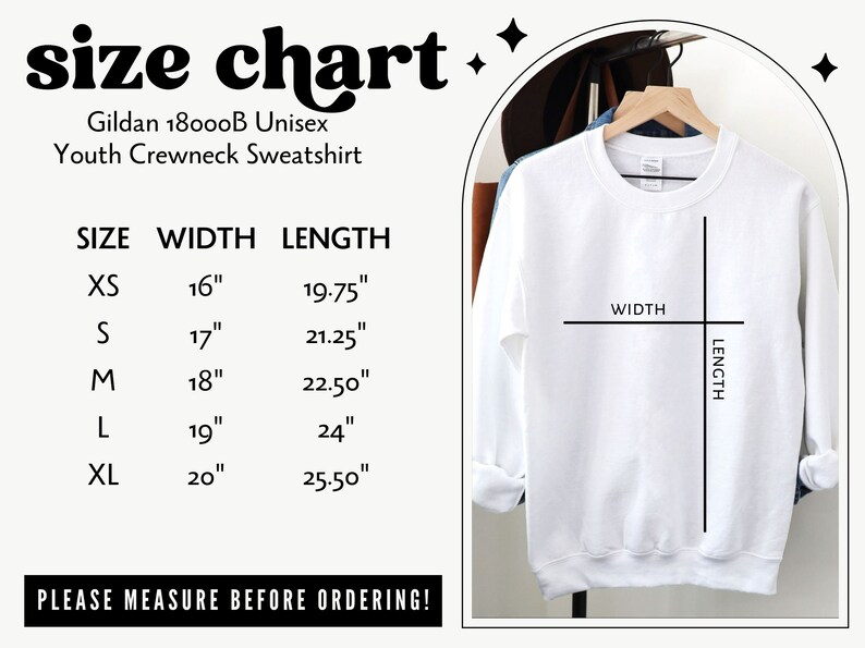 May include: Size chart for a Gildan 18000B Unisex Youth Crewneck Sweatshirt. The chart shows sizes XS through XL with corresponding width and length measurements in inches.