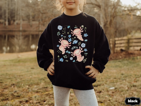 Axolotl Youth Kids Sweatshirt, Animal Lover Gift, Goblincore Aesthetic Crewneck, Botanical Floral Zoo Wildlife Nature Sweater, Alt Clothes