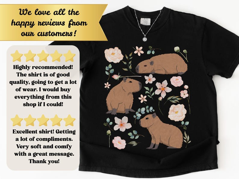 Maglietta Capybara Comfort Colors Cottagecore, regalo per gli amanti degli animali, estetica Goblincore, maglietta botanica floreale con tema zoologico e fauna selvatica, vestiti alternativi Black