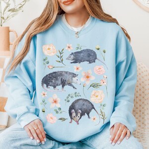 Cottagecore Possum Sweatshirt, Opossum Animal Lover Gift, Goblincore Aesthetic, Botanical Floral Wildlife Nature Crewneck, Indie Clothing