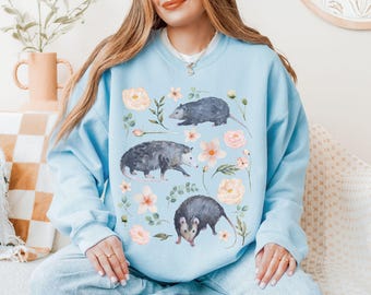 Cottagecore Possum Sweatshirt, Opossum Animal Lover Gift, Goblincore Aesthetic, Botanical Floral Wildlife Nature Crewneck, Indie Clothing