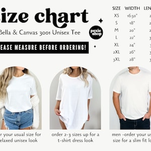 Pu&ograve; includere: Tabella delle taglie per la T-shirt unisex Bella + Canvas 3001. La tabella mostra la larghezza e la lunghezza in pollici per le taglie XS a 3XL. La tabella include anche tre immagini di persone che indossano la T-shirt, mostrando come si adatta a diversi stili.