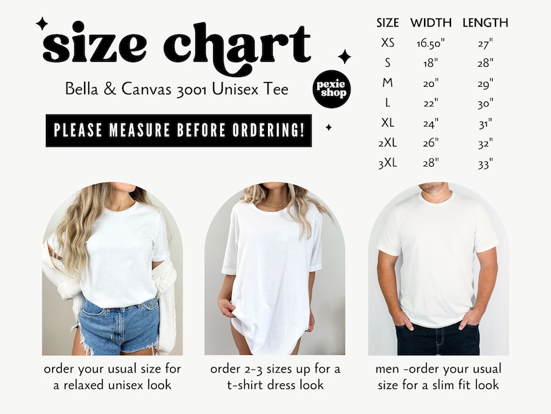 Pu&ograve; includere: Tabella delle taglie per la T-shirt unisex Bella + Canvas 3001. La tabella mostra la larghezza e la lunghezza in pollici per le taglie XS a 3XL. La tabella include anche tre immagini di persone che indossano la T-shirt, mostrando come si adatta a diversi stili.