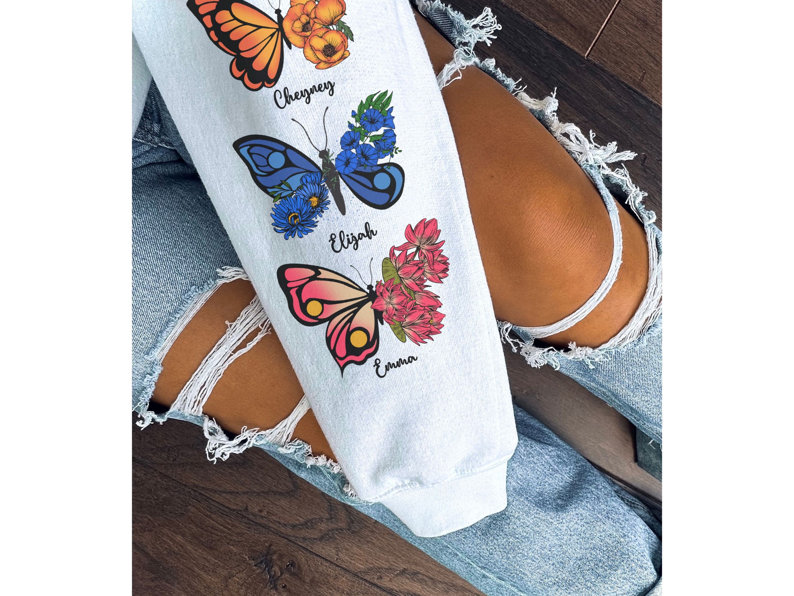 Custom Mama Birth Month Butterfly Flower Crewneck Sweatshirt With Kids Names On Sleeve, Meaningful Personalized Birthday Gift For Mom