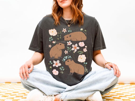 Capybara Comfort Colors Cottagecore Shirt, Animal Lover Gift, Goblincore Aesthetic, Botanical Floral Zoo Wildlife Nature Tee, Alt Clothes
