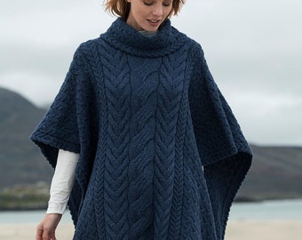 Women's Supersoft Merino Wool Cowl Neck Poncho by Aran Mills