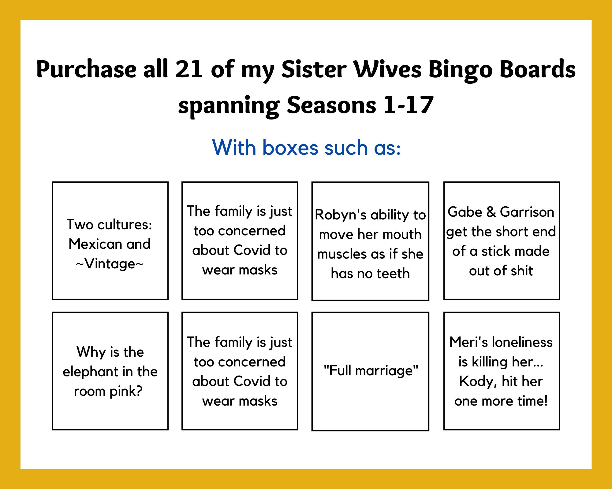 Sister Wives Bingo Bundle ALL SEASONS Printable Sister Wives Game Etsy