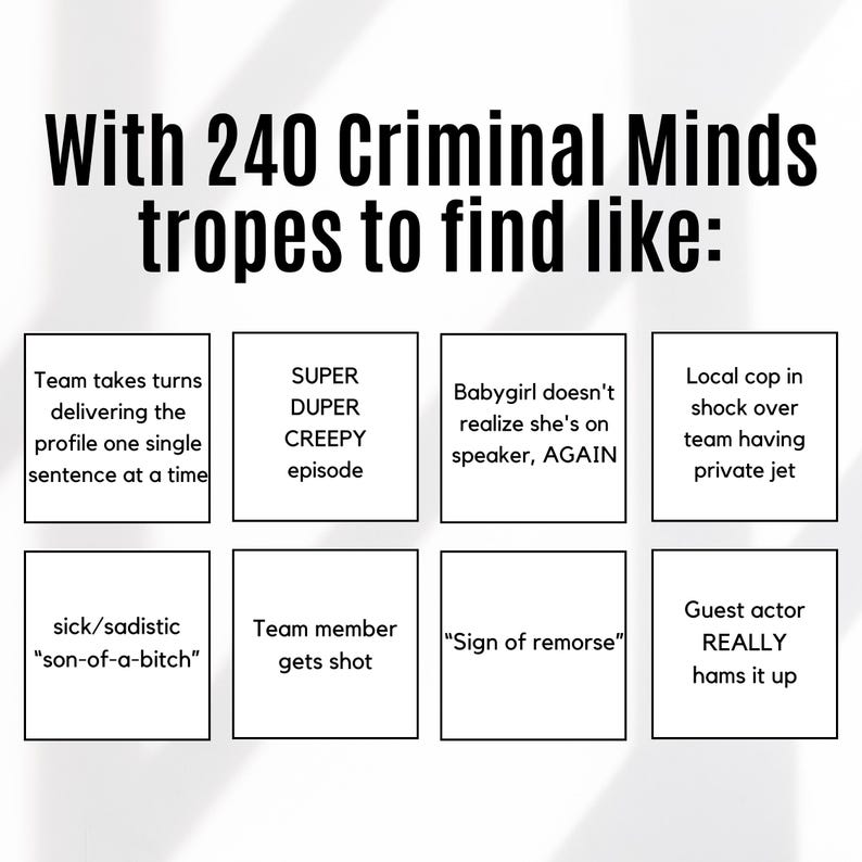 May include: A white background with black text boxes. The text boxes contain common tropes found in the TV show Criminal Minds. The text includes phrases like "Super Duper Creepy Episode", "Team Takes Turns Delivering the Profile One Single Sentence at a Time", "Babygirl Doesn't Realize She's on Speaker, Again", "Local Cop in Shock Over Team Having Private Jet", "Sick/Sadistic "Son-of-a-Bitch"", "Team Member Gets Shot", "Sign of Remorse", and "Guest Actor Really Hams it Up".