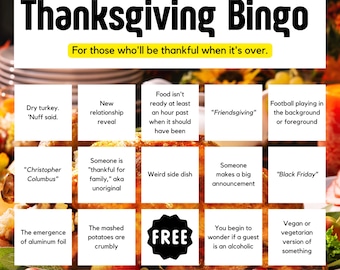 Könnte beinhalten: Eine Thanksgiving-Bingo-Karte mit gelbem Hintergrund und schwarzem Titel. Die Karte hat 25 Felder mit verschiedenen Thanksgiving-bezogenen Sätzen, wie z. B. "Trockene Pute. 'Nuff said." und "Fußball im Hintergrund oder Vordergrund."
