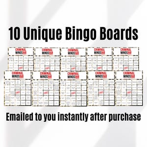 May include: Ten unique bingo boards with the text "Criminal Minds Bingo Board" printed on each board. The boards are printed on a white background with a black and white animal print pattern.
