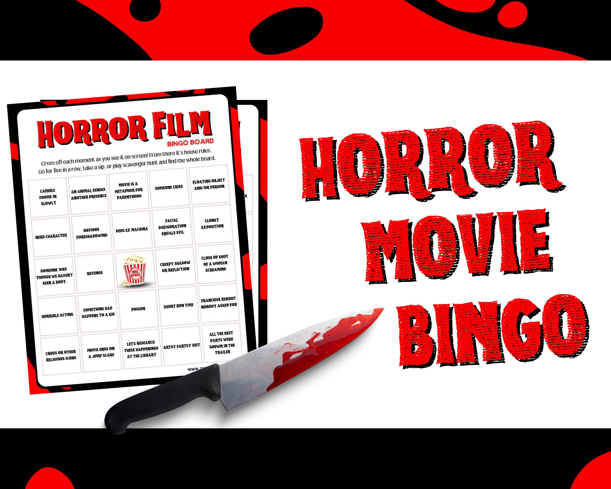 Horror Movie Bingo Board Printable Horror Movie Drinking Game