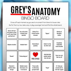 Grey&#39;s Anatomy Bingo Board | Printable Drinking Game | Seattle Grace  |  Sloan Grey Memorial | Meredith Grey