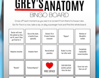 Grey's Anatomy Bingo Board Printable Drinking Game Seattle