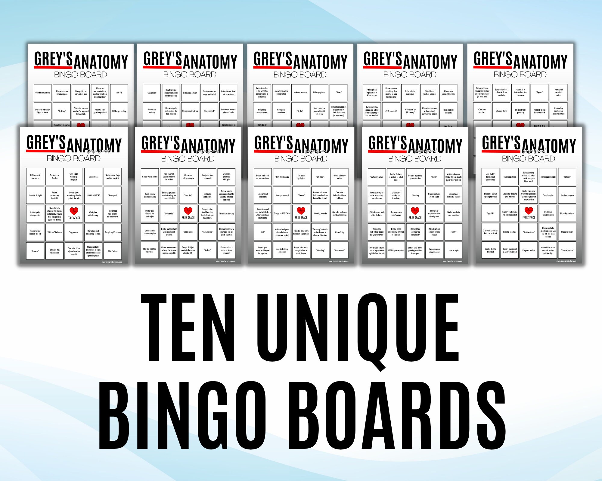 Grey's Anatomy Bingo Board Printable Drinking Game Etsy