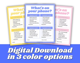 Puede incluir: Tres tarjetas de juego imprimibles en amarillo, azul y rosa con el texto "What's on your phone?" y una lista de elementos para marcar para obtener puntos. Las tarjetas son para un juego para ver quién tiene más elementos en su teléfono.