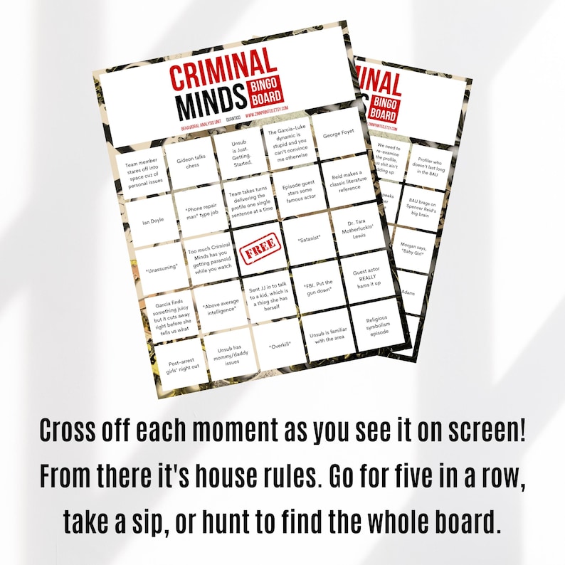 May include: A printable Criminal Minds bingo board with a camouflage background. The board features squares with phrases like "The Garcia-Luke dynamic is stupid and you can't convince me otherwise" and "Guest actor REALLY hams it up".