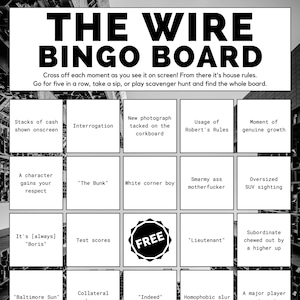 Le tableau de bingo en fil métallique | Jeux de société imprimables pour regarder la télévision | Omar Comin | Kima Stringer superposé McNulty Avon Wallace