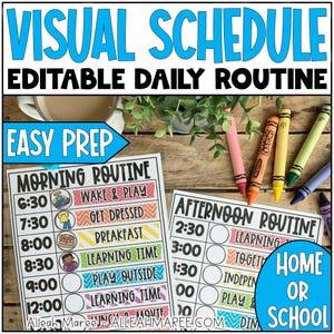 Könnte beinhalten: Ein visueller Zeitplan mit dem Text "VISUAL SCHEDULE EDITABLE DAILY ROUTINE" in Blau. Der Zeitplan enthält eine Morgen- und Nachmittagsroutine mit Zeiten und Aktivitäten. Buntstifte in verschiedenen Farben sind zu sehen.