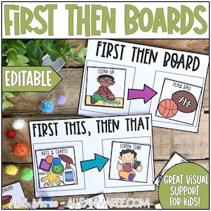 Może przedstawiać: Białe tablice edukacyjne z tekstem "FIRST THEN BOARDS" i "FIRST THEN BOARD". Tablice zawierają ilustracje i tekst "CLEAN UP", "PLAY BALL", "ARTS & CRAFTS" i "SCREEN TIME". Tablice są oznaczone "EDITABLE" i "GREAT VISUAL SUPPORT FOR KIDS!"