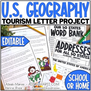 May include: A U.S. Geography Tourism Letter Project educational resource featuring printed worksheets, a word bank, and a map of the United States. The materials include text about state tourism offices, address lists for all 50 states, and illustrations.