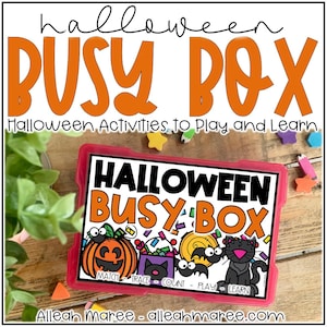 May include: A rectangular red plastic container featuring a label with the text HALLOWEEN BUSY BOX. The label includes illustrations of a jack-o'-lantern, a purple treat bag, a yellow lollipop, and a black cat, with the words MATCH, TRACE, COUNT, PLAY, LEARN.