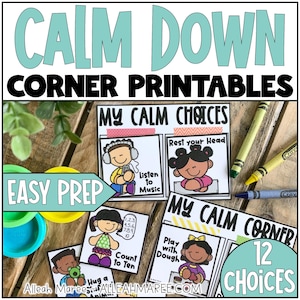 Peut inclure: Ensemble de « Calm Down Corner Printables » avec des illustrations d'enfants pratiquant des activités apaisantes. L'image comprend du texte tel que « My Calm Choices », « Easy Prep » et « 12 Choices ». Des crayons et de la pâte à modeler sont également visibles.