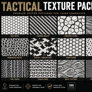 Op de afbeelding: Een digitale collectie getiteld TACTICAL TEXTURE PACK met 12 unieke zwart-wit vectorpatronen voor lasergraveren. De ontwerpen omvatten hex mesh, carbon weave, cracked stone, forged steel, hammered metal, digital camouflage, honeycomb, diamond plate, tire tread, chain links, wave texture en geometric line fill.