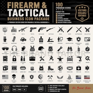 Puede incluir: Una colección de 100 iconos vectoriales negros para empresas de armas de fuego y tácticas, con símbolos de armas, municiones, equipo de seguridad y equipo táctico. El gráfico incluye etiquetas de texto para cada icono.